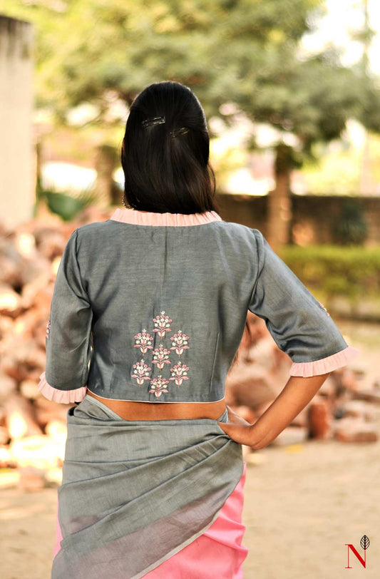 Grey Pure Silk Chanderi Hand Embroidered Designer Blouse - Naksheband