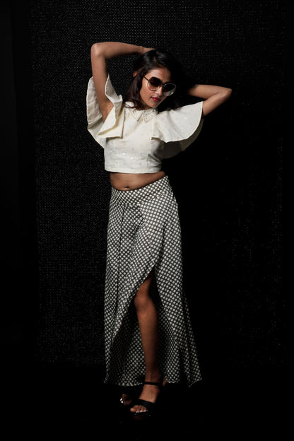 Granite And White Color Indowestern Designer Plazzo Pant Top - Polka Power - Naksheband