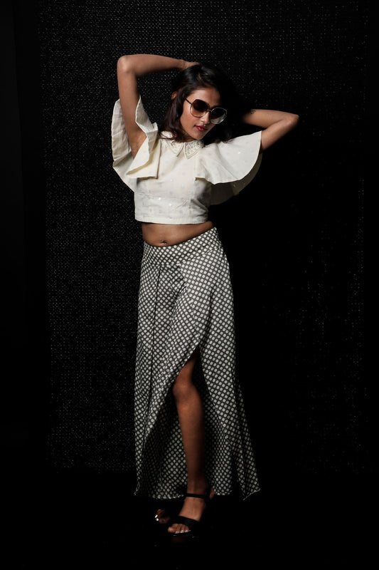 Granite And White Color Indowestern Designer Plazzo Pant Top - Polka Power - Naksheband