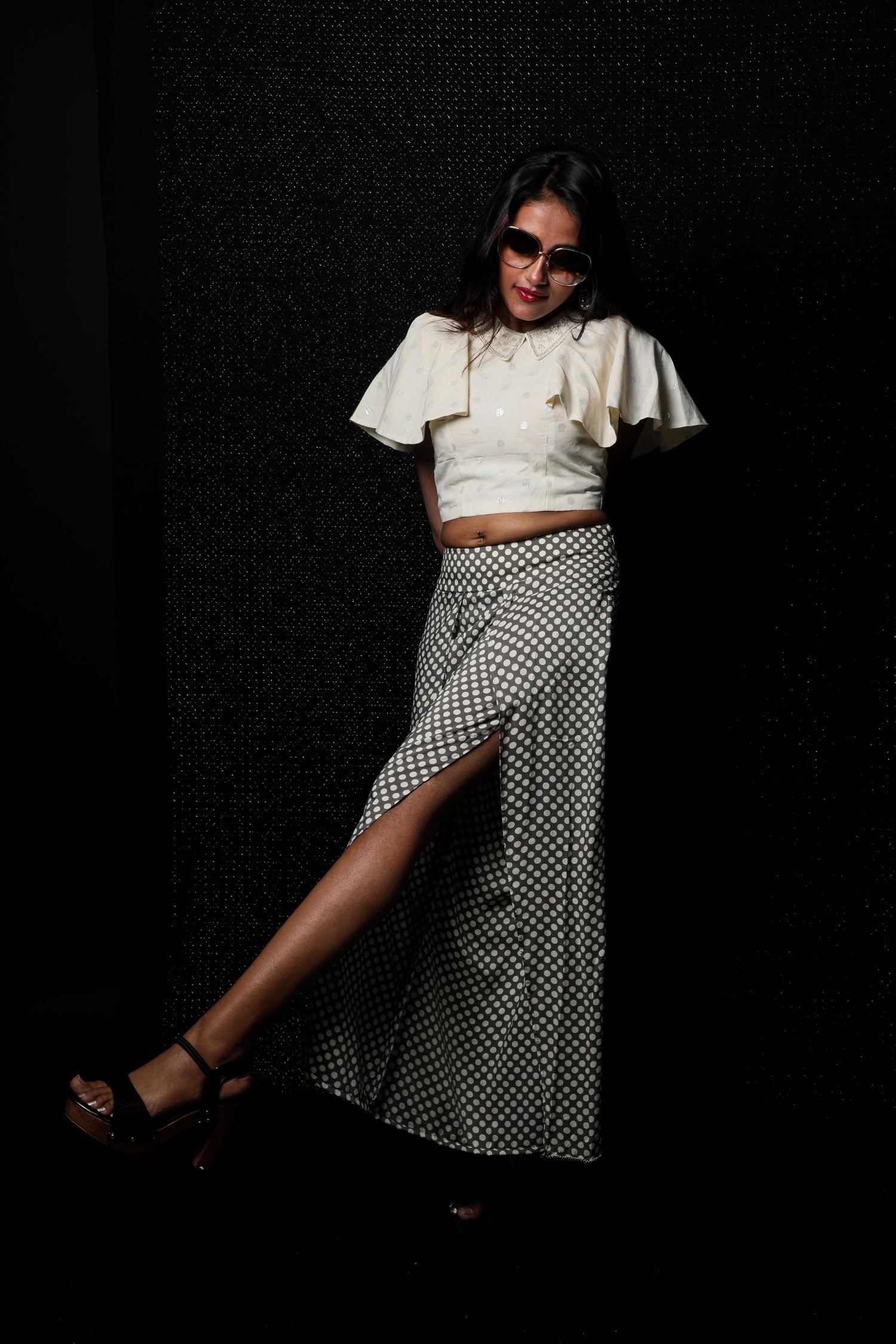 Granite And White Color Indowestern Designer Plazzo Pant Top - Polka Power - Naksheband