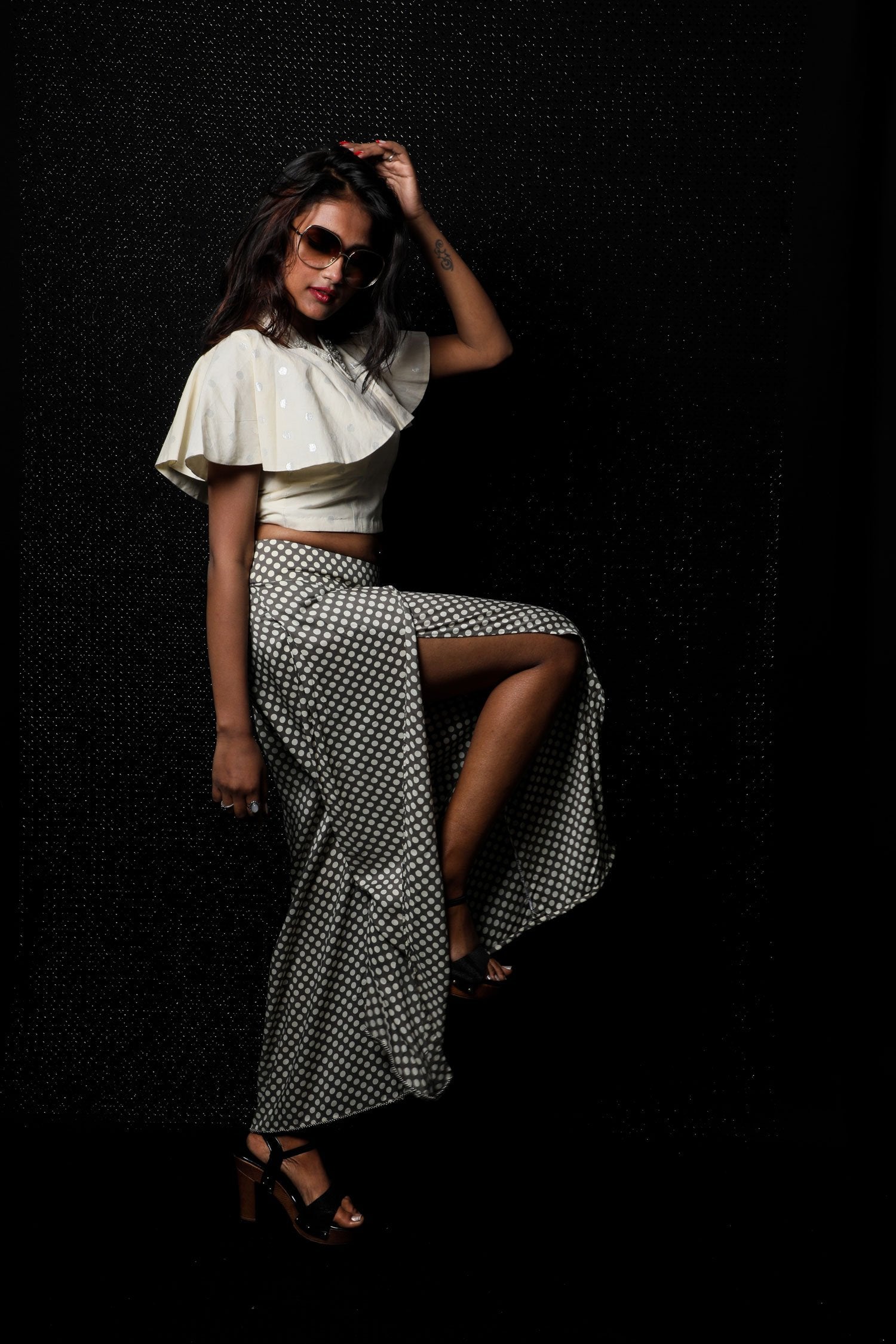 Granite And White Color Indowestern Designer Plazzo Pant Top - Polka Power - Naksheband