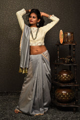 Grey Color Designer Pure Silk Chanderi Saree - Evening Shadow - Naksheband