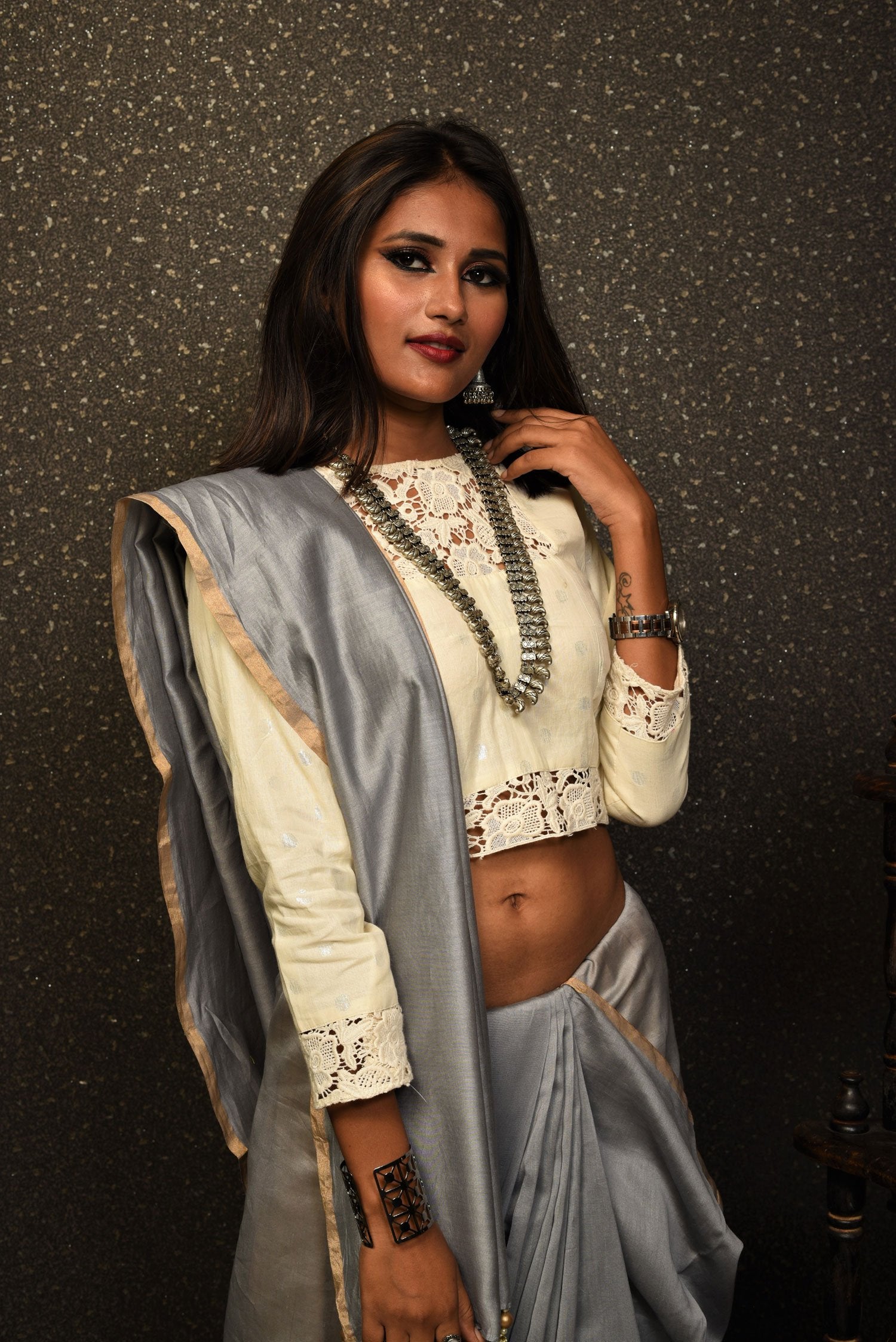 Grey Color Designer Pure Silk Chanderi Saree - Evening Shadow - Naksheband