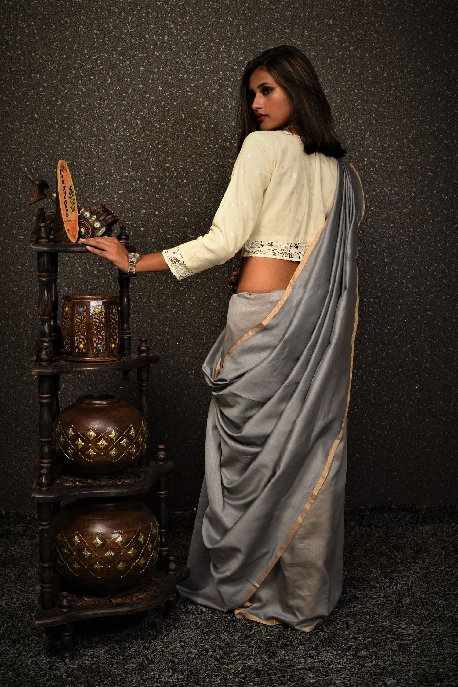 Grey Color Designer Pure Silk Chanderi Saree - Evening Shadow - Naksheband