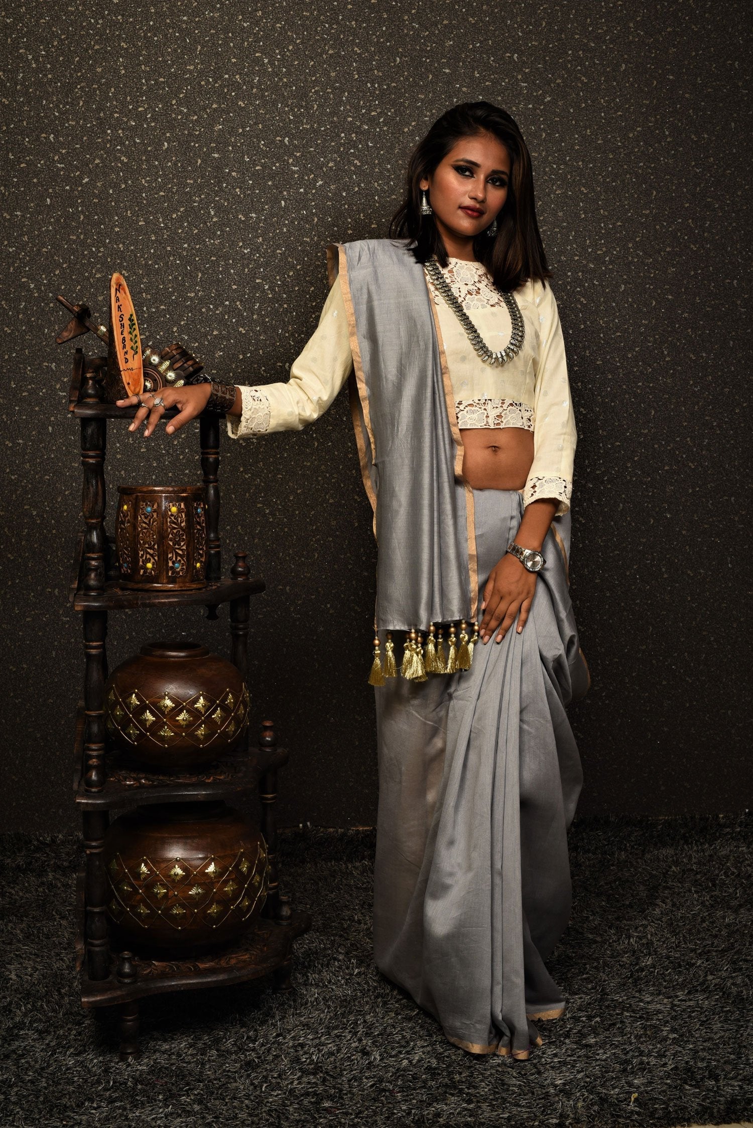 Grey Color Designer Pure Silk Chanderi Saree - Evening Shadow - Naksheband