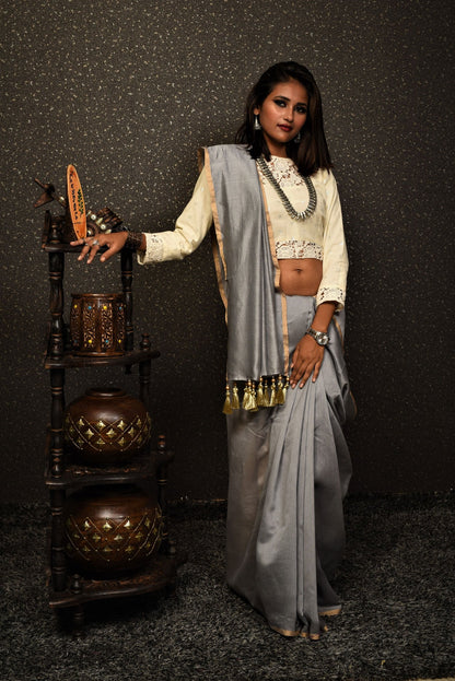 Grey Color Designer Pure Silk Chanderi Saree - Evening Shadow - Naksheband
