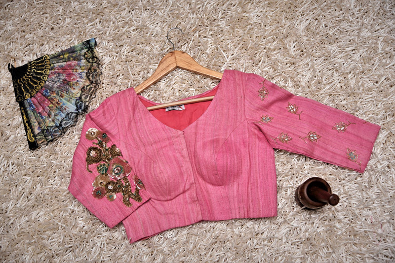 Raw Silk Designer Embroidery Blouse - Luscious Pink - Naksheband