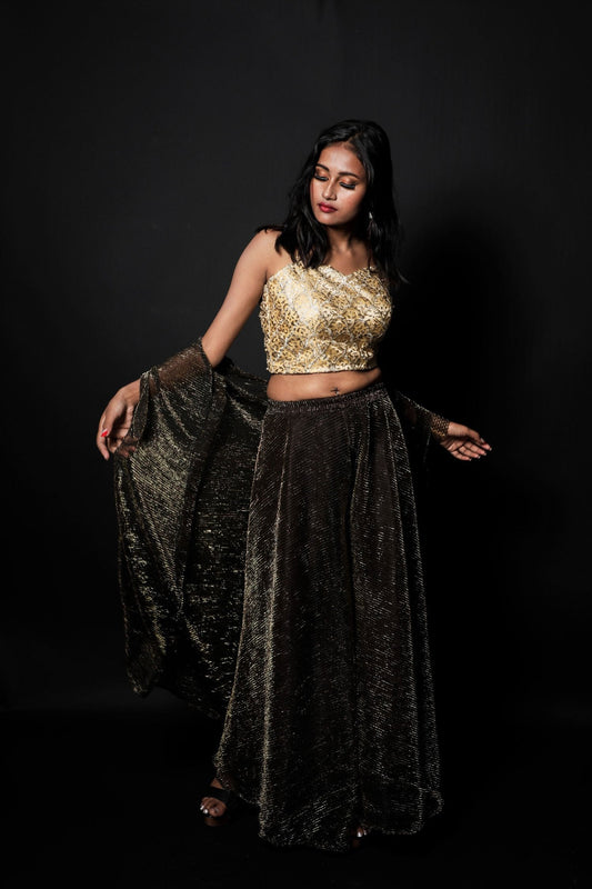 Brown With Golden Tint Color Indowestern Designer Plazzo Top - Shiny Night - Naksheband