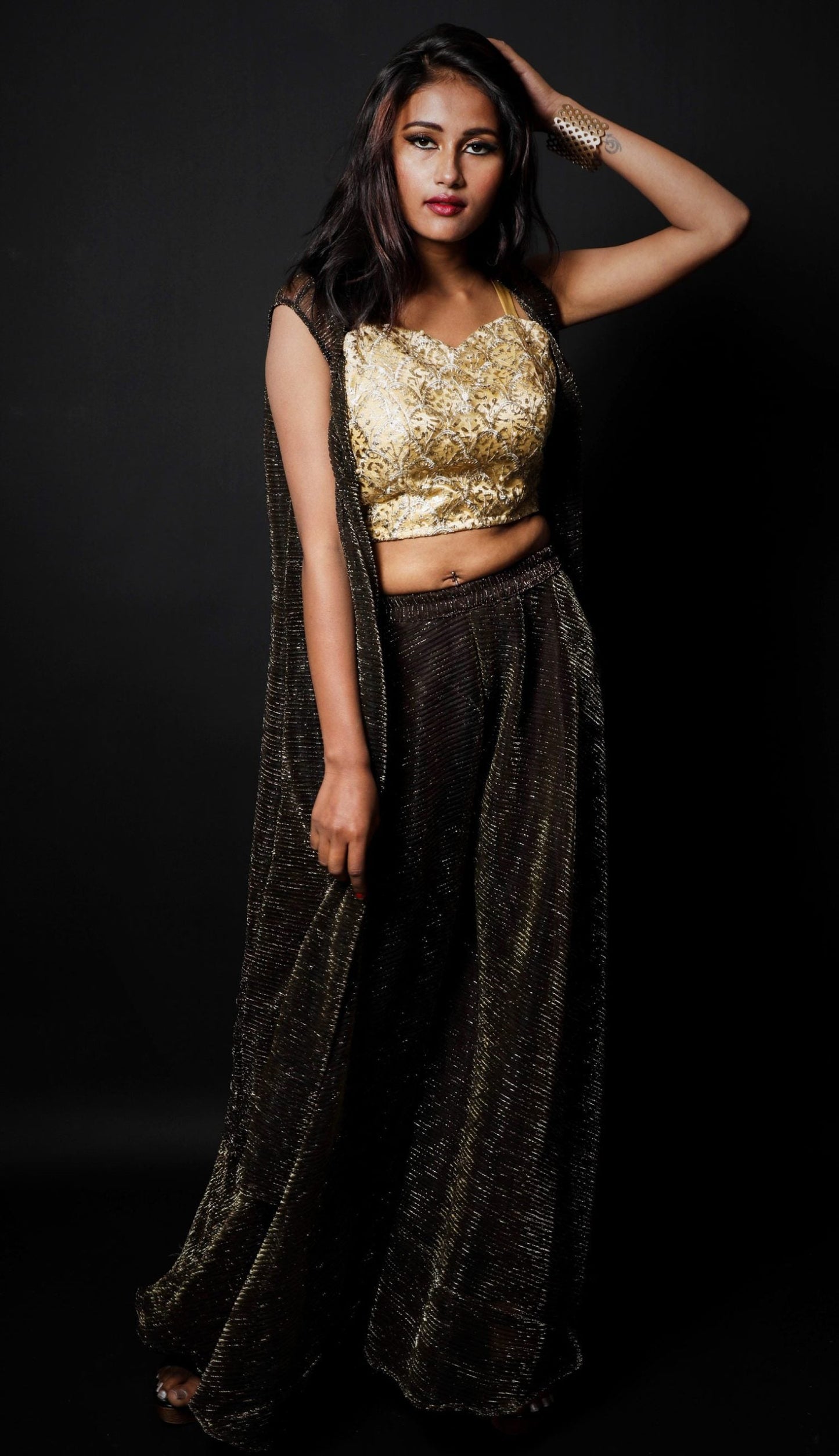 Brown With Golden Tint Color Indowestern Designer Plazzo Top - Shiny Night - Naksheband