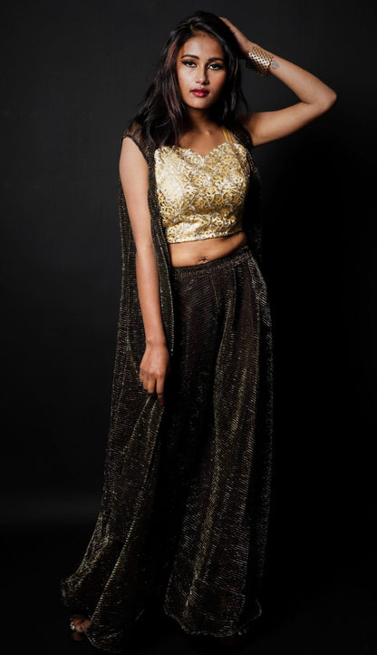 Brown With Golden Tint Color Indowestern Designer Plazzo Top - Shiny Night - Naksheband
