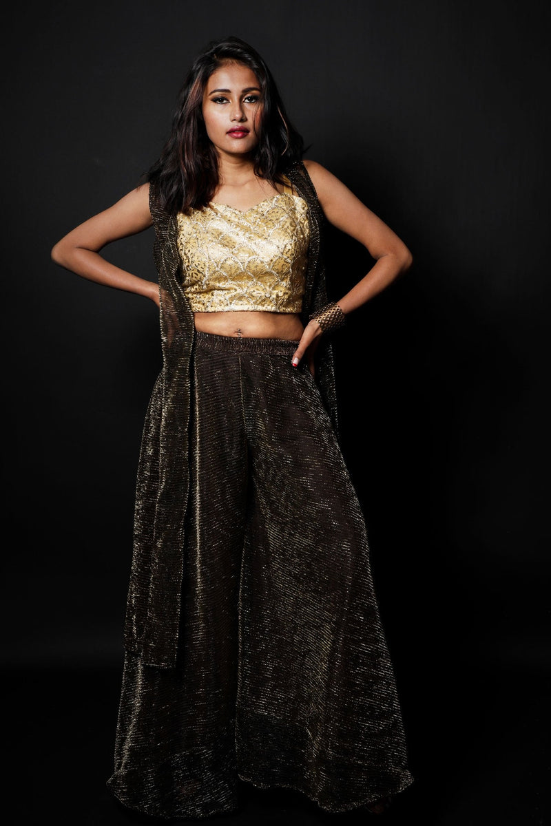 Brown With Golden Tint Color Indowestern Designer Plazzo Top - Shiny Night - Naksheband