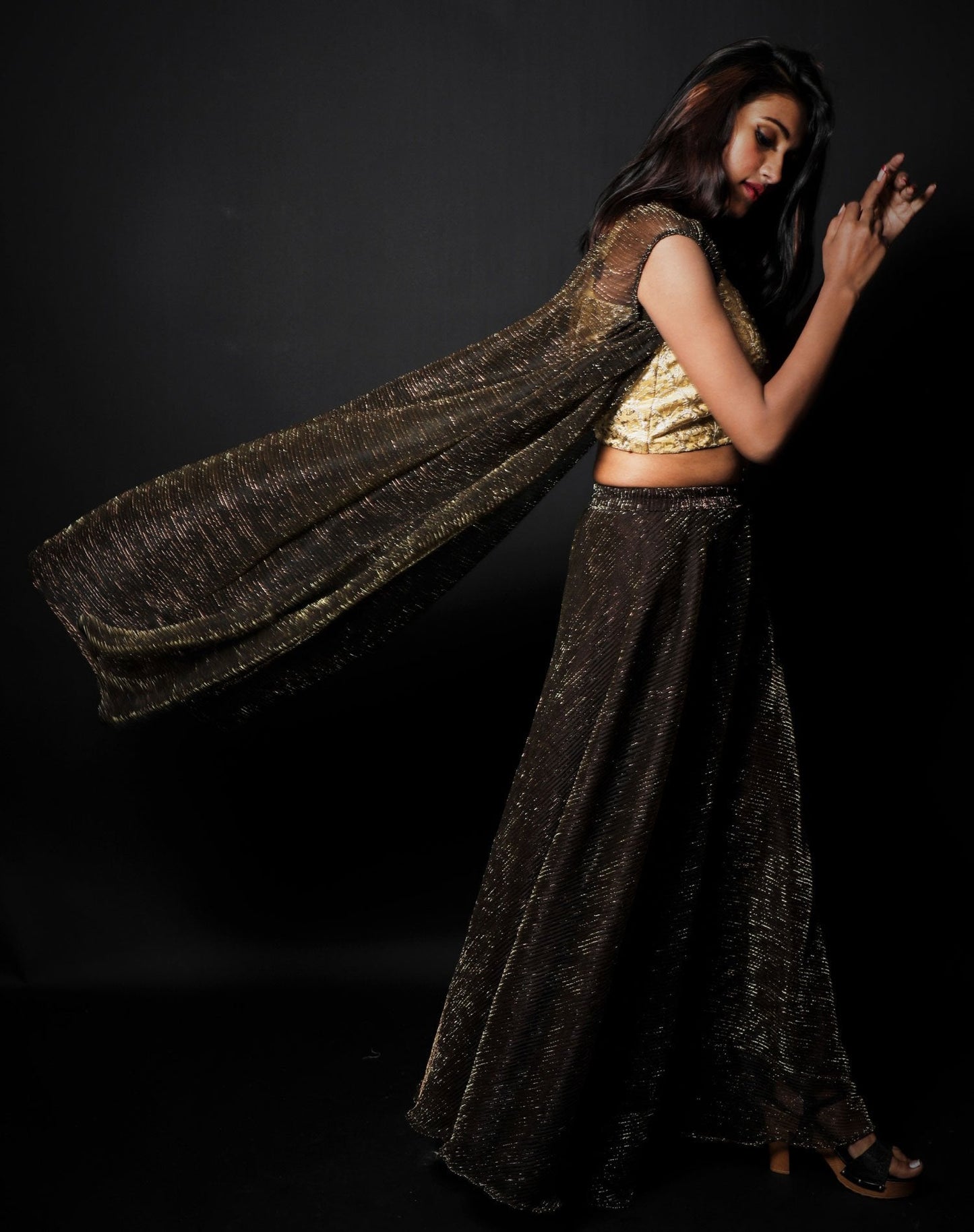 Brown With Golden Tint Color Indowestern Designer Plazzo Top - Shiny Night - Naksheband