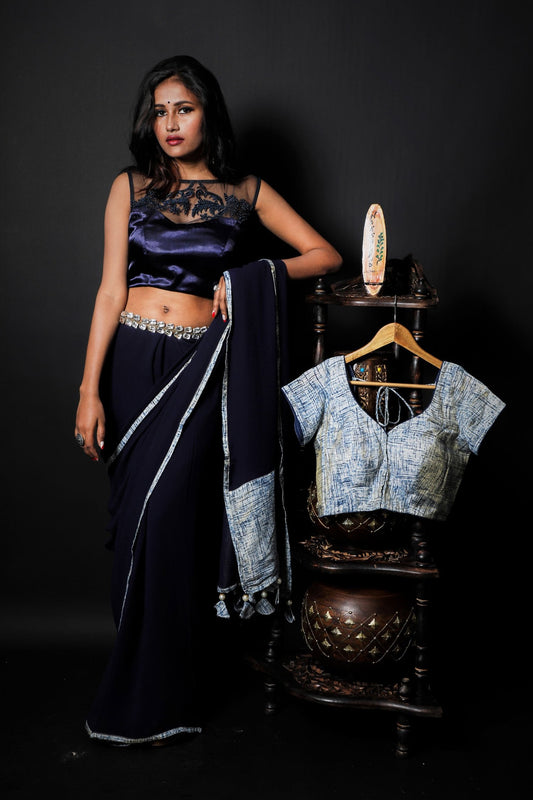 Navy Blue Color  Designer Pure Georgette Saree - Truffle Blue - Naksheband