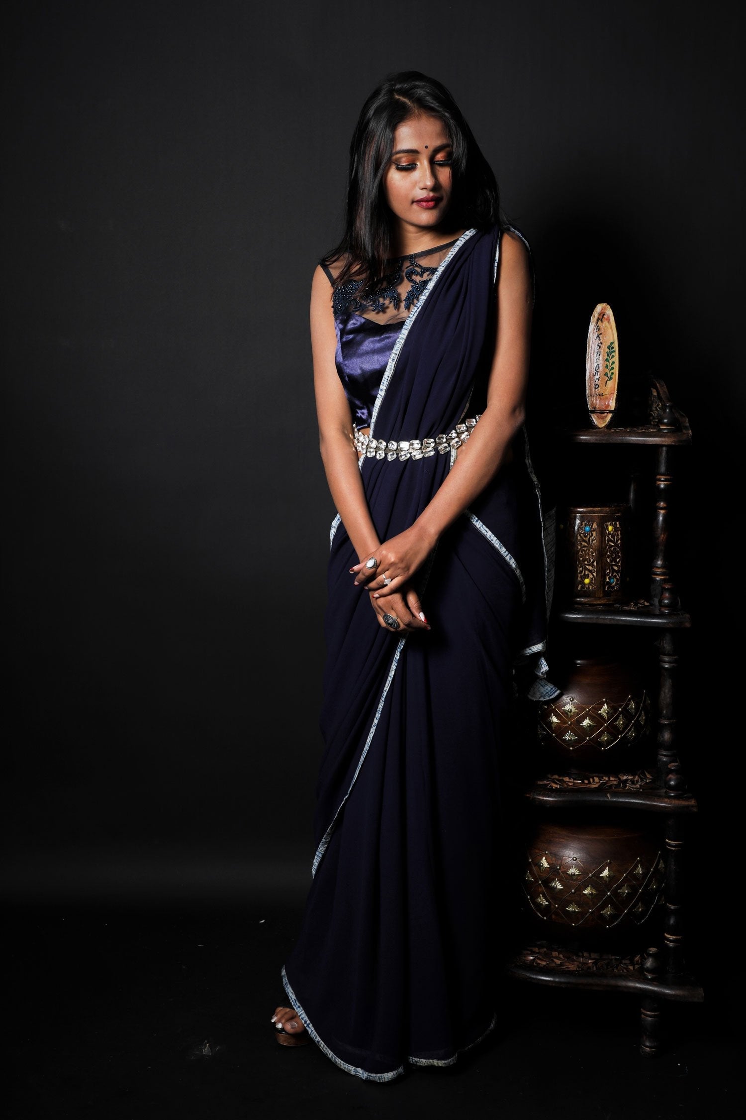 Navy Blue Color  Designer Pure Georgette Saree - Truffle Blue - Naksheband