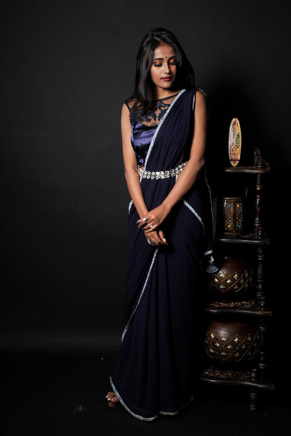 Navy Blue Color  Designer Pure Georgette Saree - Truffle Blue - Naksheband