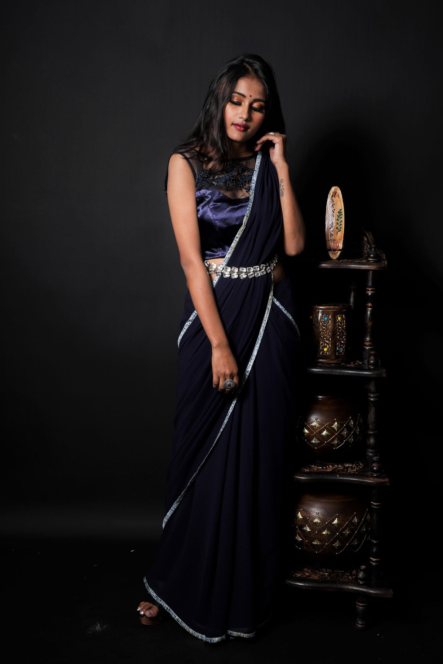 Navy Blue Color  Designer Pure Georgette Saree - Truffle Blue - Naksheband