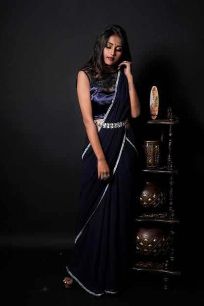 Navy Blue Color  Designer Pure Georgette Saree - Truffle Blue - Naksheband