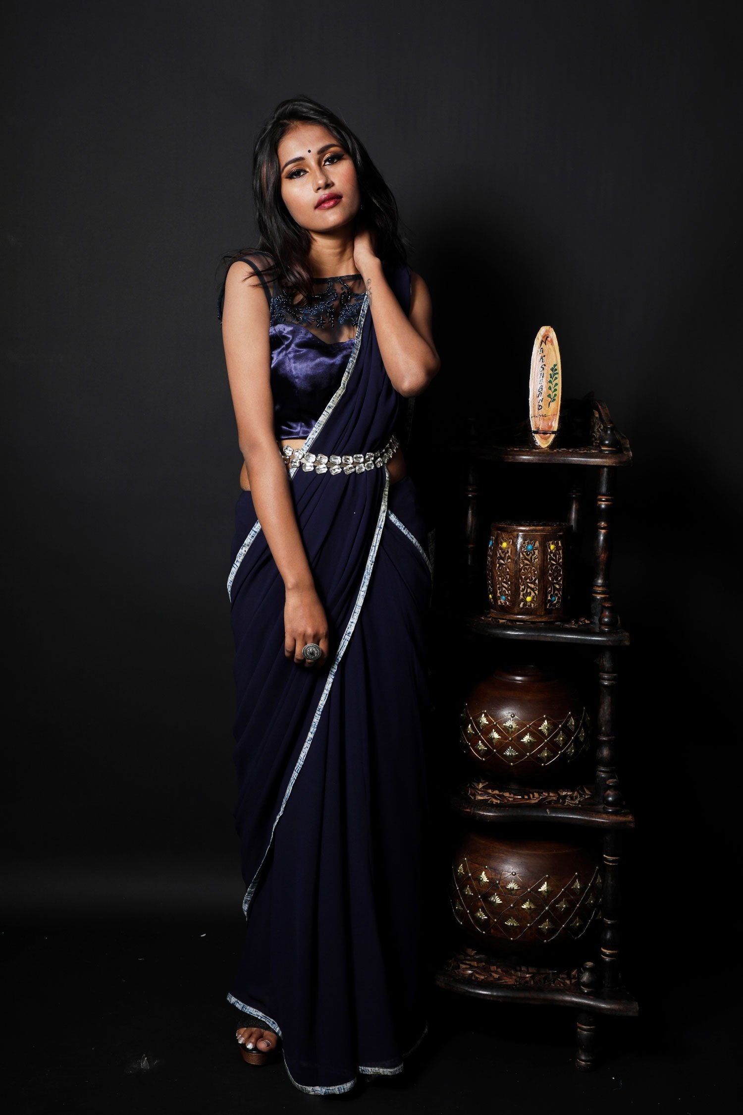 Navy Blue Color  Designer Pure Georgette Saree - Truffle Blue - Naksheband