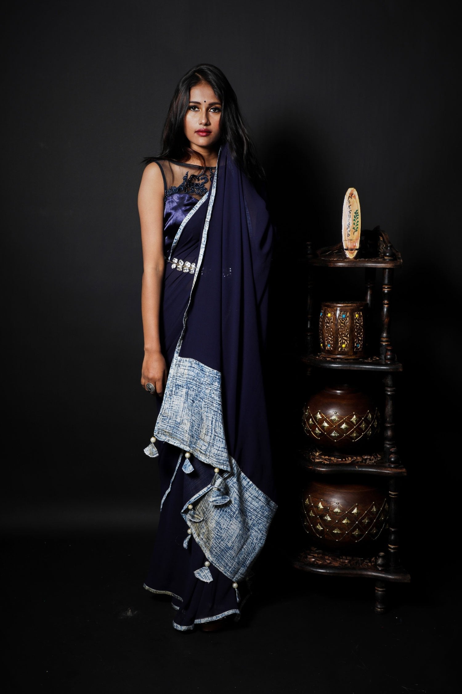Navy Blue Color  Designer Pure Georgette Saree - Truffle Blue - Naksheband