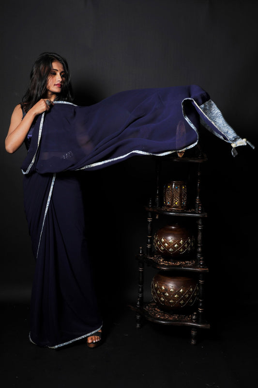 Navy Blue Color  Designer Pure Georgette Saree - Truffle Blue - Naksheband