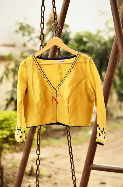 Yellow Pure Silk Chanderi Hand Embroidered Designer Blouse - Naksheband