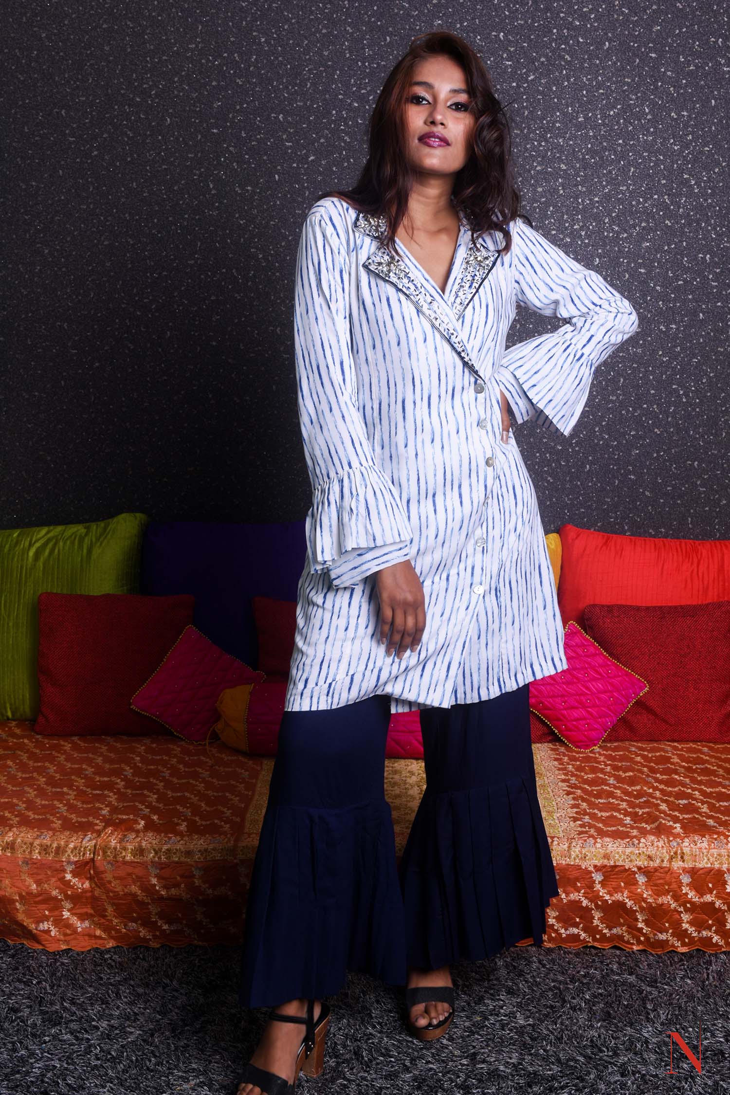 Indowestern Designer Palazzo Top Set - French Navy - Naksheband