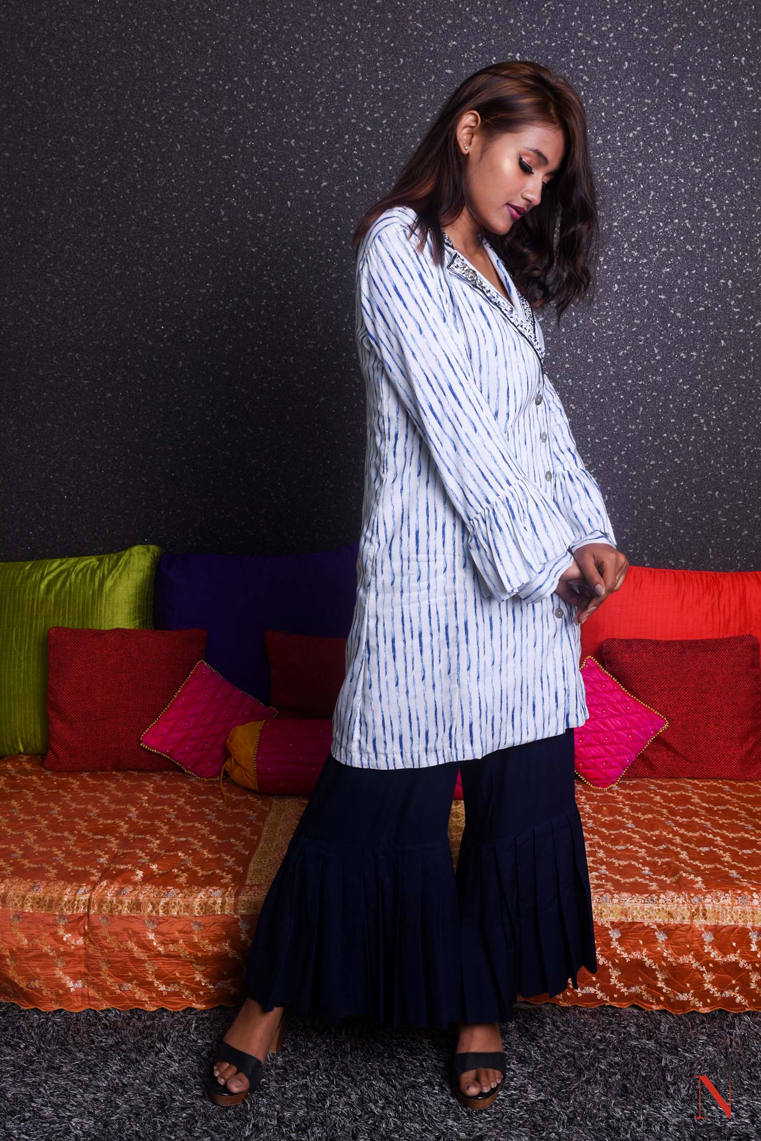 Indowestern Designer Palazzo Top Set - French Navy - Naksheband