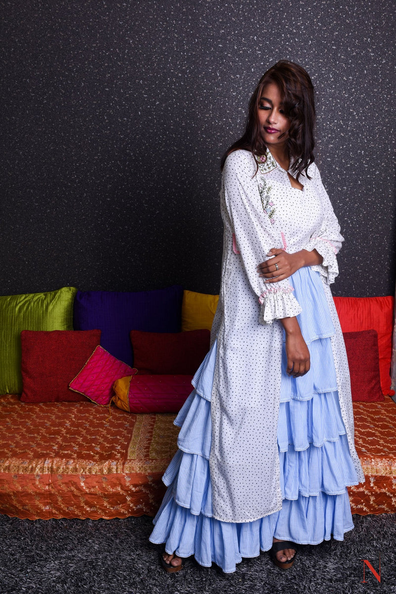 Dodgar Blue And White Color Indowestern Designer Flayered Dress - Sky High - Naksheband