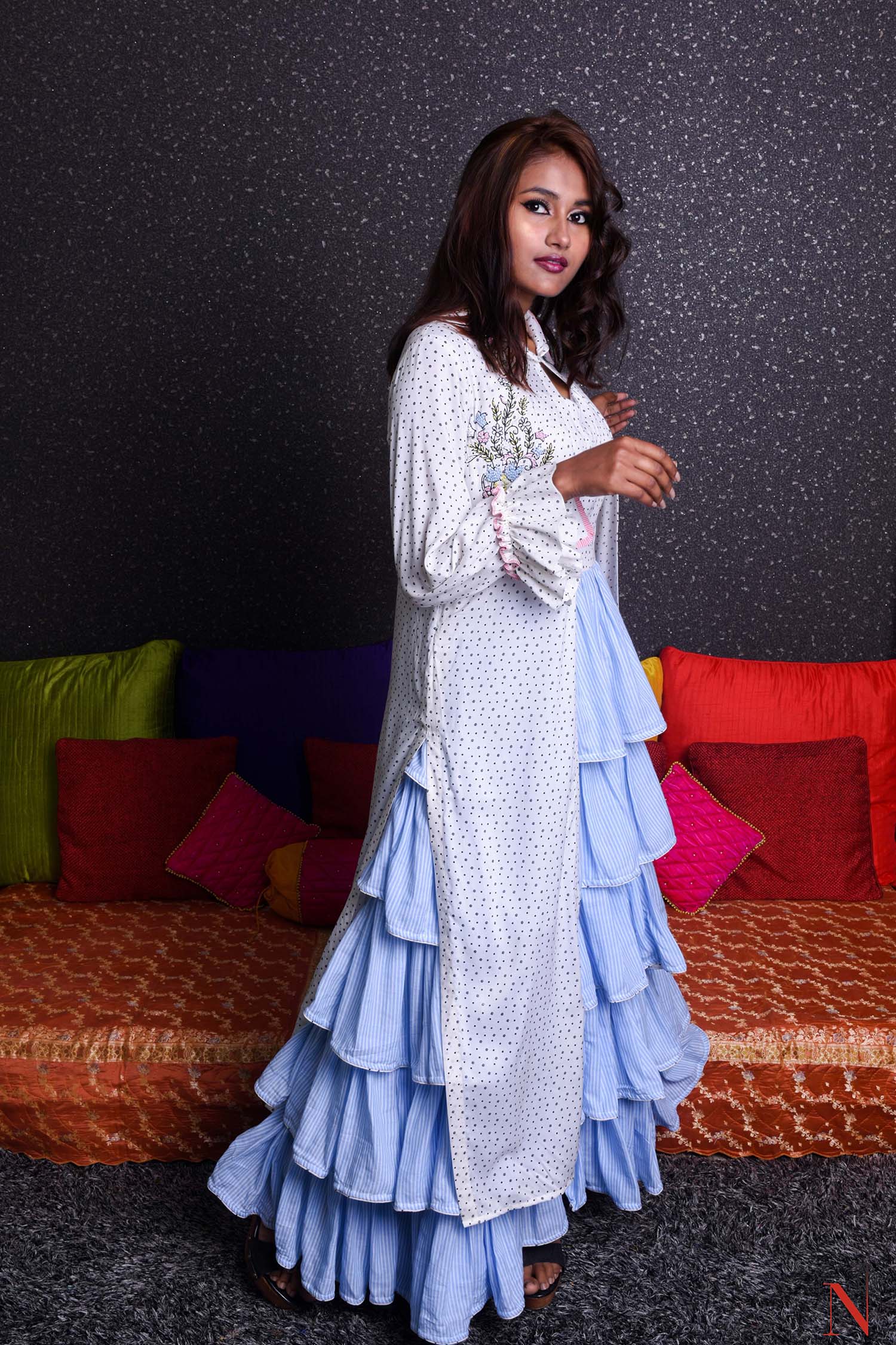 Dodgar Blue And White Color Indowestern Designer Flayered Dress - Sky High - Naksheband