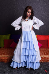 Dodgar Blue And White Color Indowestern Designer Flayered Dress - Sky High - Naksheband