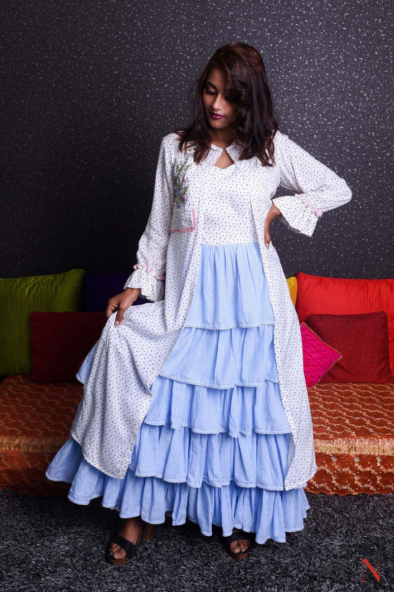 Dodgar Blue And White Color Indowestern Designer Flayered Dress - Sky High - Naksheband