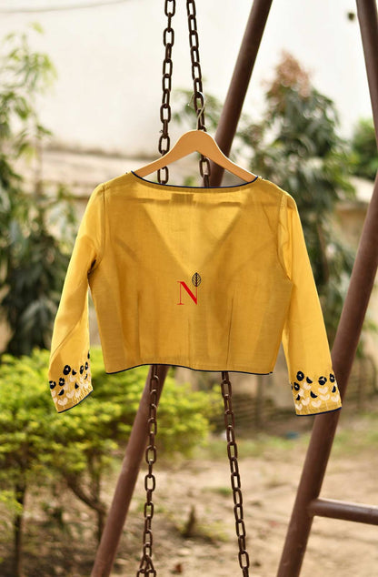 Yellow Pure Silk Chanderi Hand Embroidered Designer Blouse - Naksheband