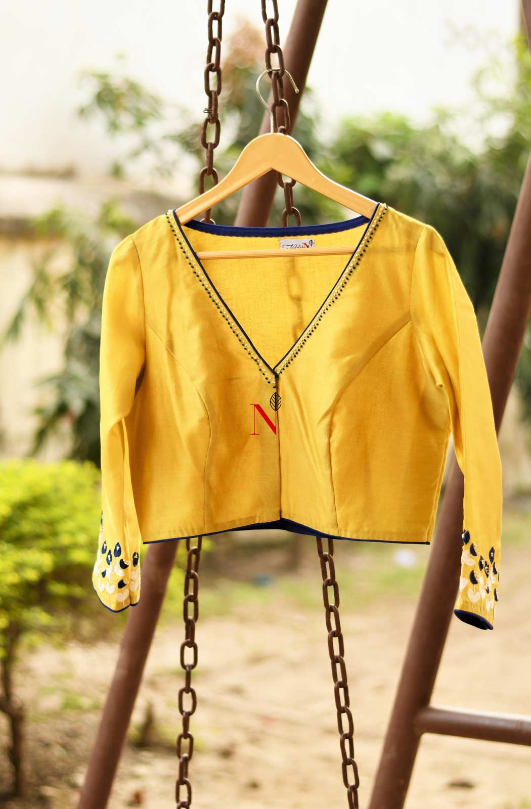 Yellow Pure Silk Chanderi Hand Embroidered Designer Blouse - Naksheband