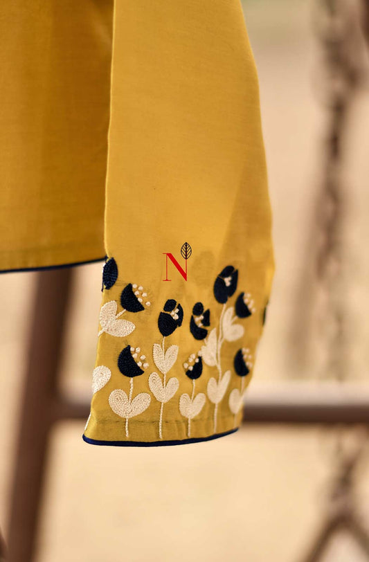 Yellow Pure Silk Chanderi Hand Embroidered Designer Blouse - Naksheband